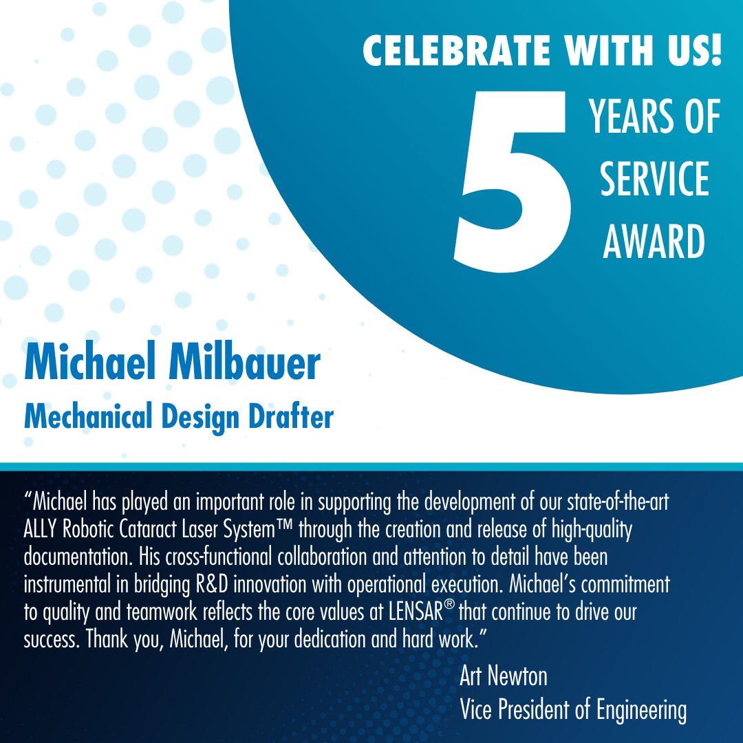 Join us in celebrating Michael Milbauer for five years of dedicated service with the LENSAR® team! We’re truly grateful for your hard work, commitment, and all you contribute—thank you!

#RoboticLaserSystem #LENSAR #ALLYSystem