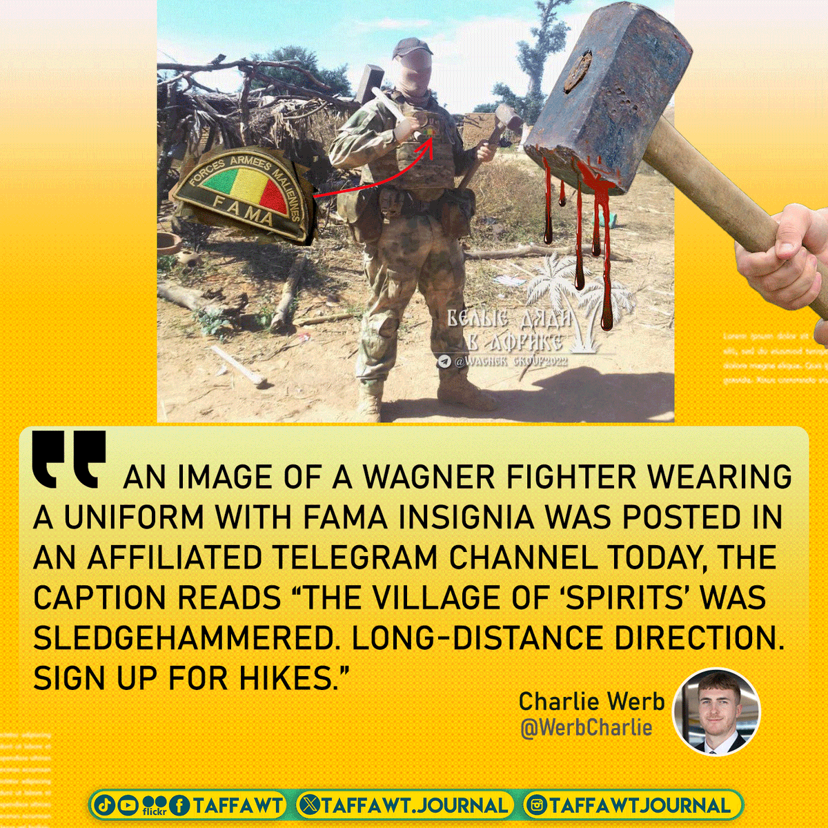 TaffawtJournal's tweet photo. An image of a #Wagner fighter wearing a uniform with #FAMa insignia was posted in an affiliated telegram channel today, the caption reads “The village of ‘spirits’ was sledgehammered. Long-distance direction. Sign up for hikes.”
@WerbCharlie
#Azawad #Wagner_crimes_in_Azawad https://t.co/IhPvoAm3EK
