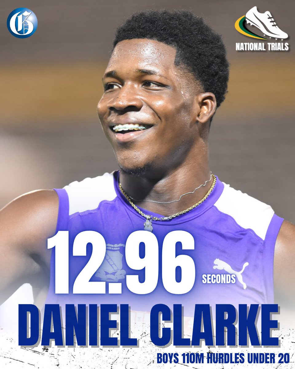 JamaicaGleaner's tweet photo. Nineteen-year-old Daniel Clarke set a new National Junior record in the boys’ 110m hurdles, clocking 12.96 seconds on the final day of the 2025 JAAA/Puma National Championships at the National Stadium in St Andrew. #GLNRSports #JaTrials2025 https://t.co/xRv6MrV51k