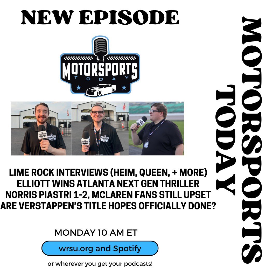 Motorsports Today (@mtrsprtstoday) on Twitter photo Tomorrow at 10 on <a href="/WRSU/">WRSU-FM New Brunswick</a> (WRSU.org) and after on Spotify!
Interviews from <a href="/limerockpark/">Lime Rock Park</a>.
Plus, we react to eventful #NASCAR and #F1 action at Atlanta and Austria. <a href="/EddieKalegi/">Eddie Kalegi</a>, <a href="/AdamTropper24/">Adam Tropper</a>, and <a href="/IveBeenTimMoore/">Tim Moore</a> host! Tomorrow at 10 on <a href="/WRSU/">WRSU-FM New Brunswick</a> (WRSU.org) and after on Spotify!
Interviews from <a href="/limerockpark/">Lime Rock Park</a>.
Plus, we react to eventful #NASCAR and #F1 action at Atlanta and Austria. <a href="/EddieKalegi/">Eddie Kalegi</a>, <a href="/AdamTropper24/">Adam Tropper</a>, and <a href="/IveBeenTimMoore/">Tim Moore</a> host!