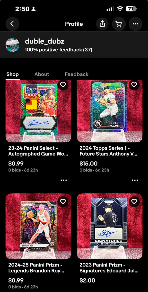 Go peep the auctions #thehobbby gang! Volpe/50 👀👀 Tucker /25 🍊 
Appreciate y’all! ✌🏻

ebay.us/m/7fHvWl