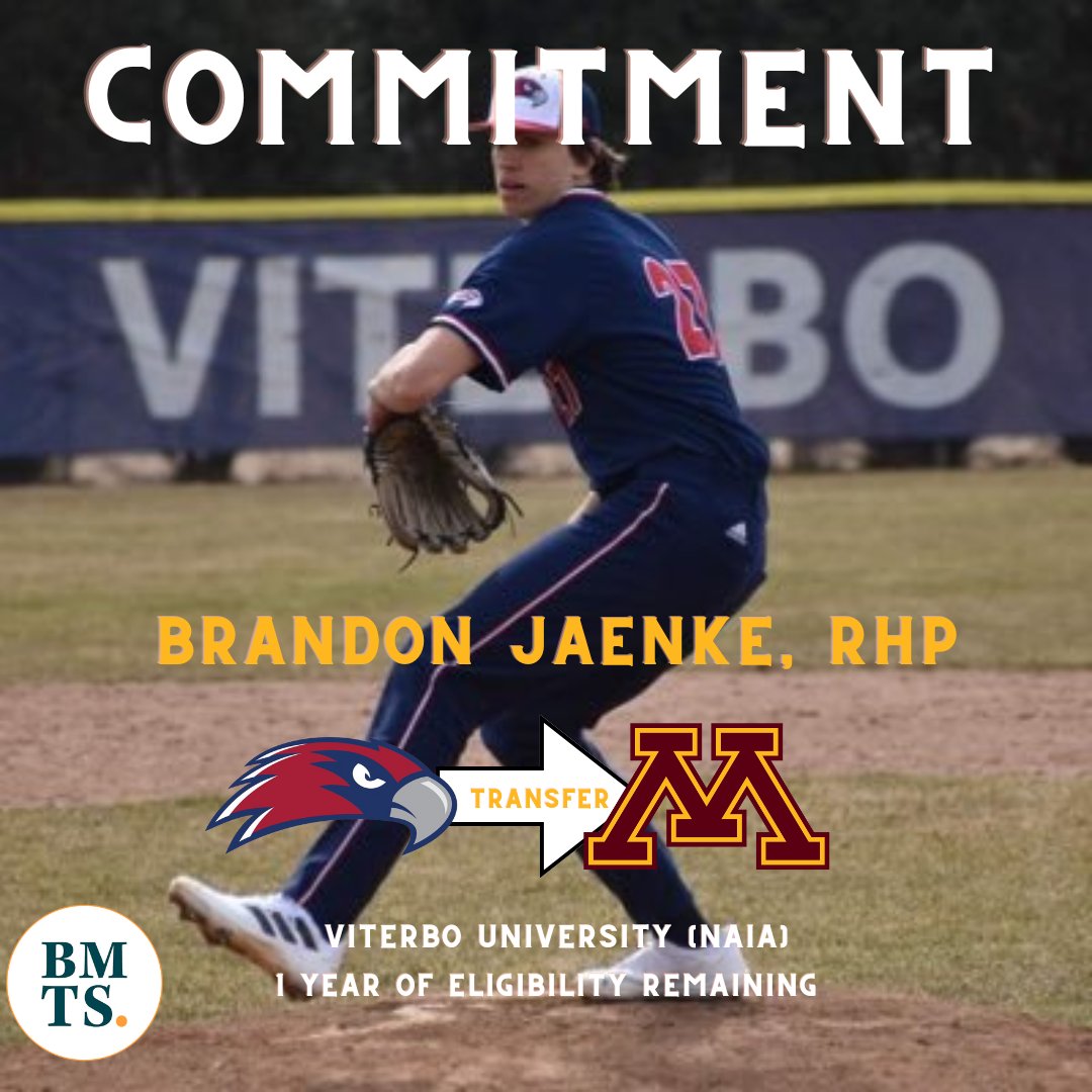 Tony Liebert (@tonyliebert) on Twitter photo PORTAL: Viterbo (NAIA) transfer RHP Brandon Jaenke (<a href="/BrandonJaenke/">Brandon Jaenke</a>) has verbally committed to Minnesota, per <a href="/64Analytics/">64Analytics</a>
Listed at 6-foot-4, he pitched 61.0 innings last season, struck out 56 batters, compiling a 3.98 ERA and 1.36 WHIP. si.com/college/minnes… PORTAL: Viterbo (NAIA) transfer RHP Brandon Jaenke (<a href="/BrandonJaenke/">Brandon Jaenke</a>) has verbally committed to Minnesota, per <a href="/64Analytics/">64Analytics</a>
Listed at 6-foot-4, he pitched 61.0 innings last season, struck out 56 batters, compiling a 3.98 ERA and 1.36 WHIP. si.com/college/minnes…