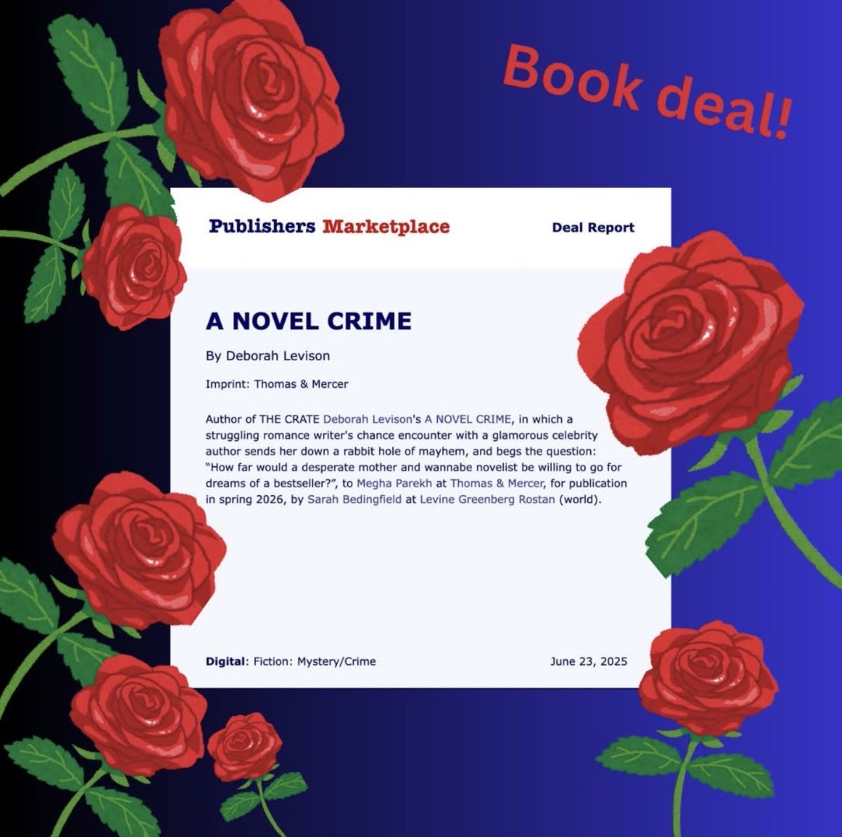 I’m jumping for joy! Beyond excited to team with Megha Parekh at Thomas &amp; Mercer ⁦<a href="/AMZPubCompany/">AmazonPublishing Company</a>⁩ . So much gratitude to my dream agents Sarah Bedingfield and Rebecca Rodd ⁦⁦⁦⁦<a href="/LGRLiterary/">LGR Literary</a>⁩ ! Can’t wait for my next crime novel: A NOVEL CRIME #bookdeal