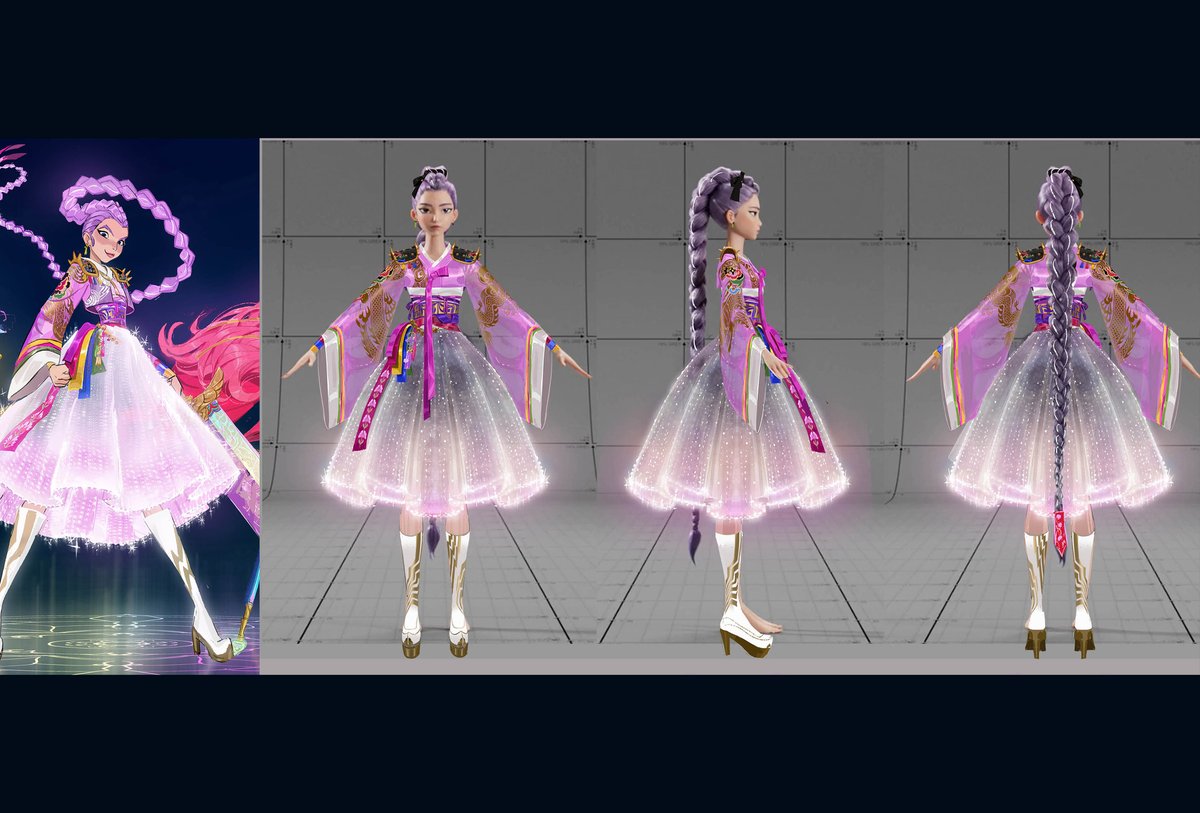joune5064's tweet image. This was the version that was selected and moved forward in the process. Here are a couple of 2D turnarounds I did! Rumi had a more classic look with a midi length skirt, Zoey wore a playful mini, and Mira wore pants with a jacket draped over her shoulder. 🌸✨ #KPOPDEMONHUNTERS