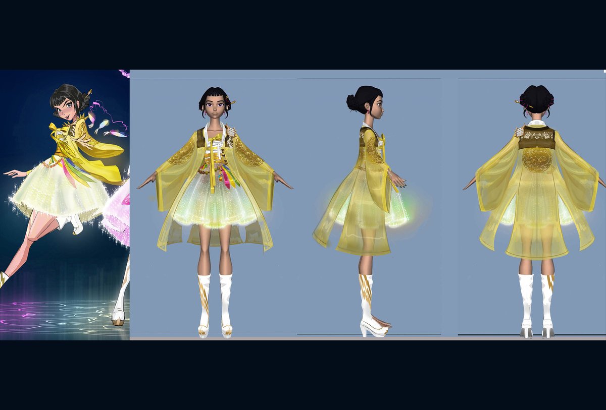 joune5064's tweet image. This was the version that was selected and moved forward in the process. Here are a couple of 2D turnarounds I did! Rumi had a more classic look with a midi length skirt, Zoey wore a playful mini, and Mira wore pants with a jacket draped over her shoulder. 🌸✨ #KPOPDEMONHUNTERS