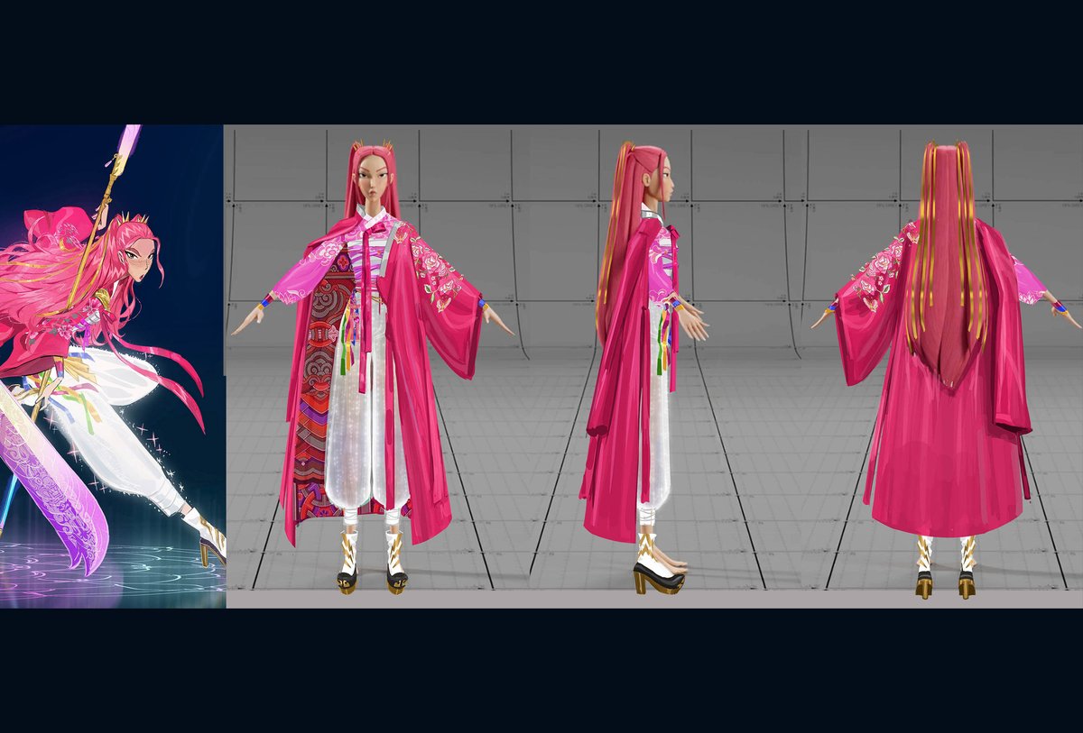joune5064's tweet image. This was the version that was selected and moved forward in the process. Here are a couple of 2D turnarounds I did! Rumi had a more classic look with a midi length skirt, Zoey wore a playful mini, and Mira wore pants with a jacket draped over her shoulder. 🌸✨ #KPOPDEMONHUNTERS