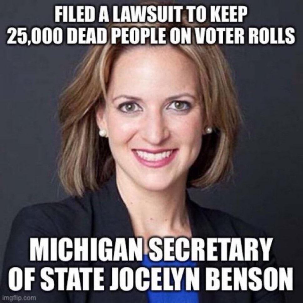 🚨 Jocelyn Benson’s caught red-handed—suing to keep 25,000 dead voters on the rolls!

This is the left’s voter fraud playbook exposed.