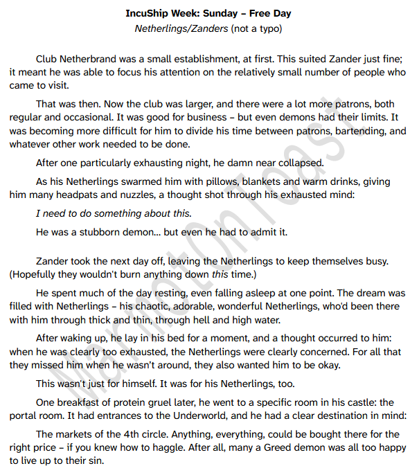MarmotOnToast's tweet photo. Figured I'd bring out an old idea for my contribution to #IncuShipWeek2025.

Theme: Free (Sunday)
Pairing: Netherlings/Zanders. No, that is not a typo.
#Netherfiction https://t.co/mJrG7Tfqak