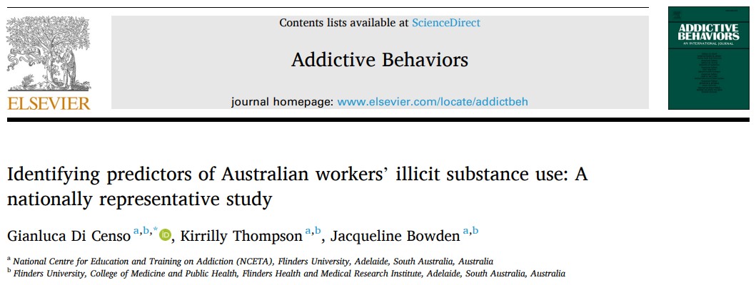 Our new study has found that 7% of all workers in Australia use illicit drugs weekly, mostly cannabis. Additionally, workers who consumed risky levels of alcohol and currently smoked were more susceptible to using illicit drugs. Read more at doi.org/10.1016/j.addb…