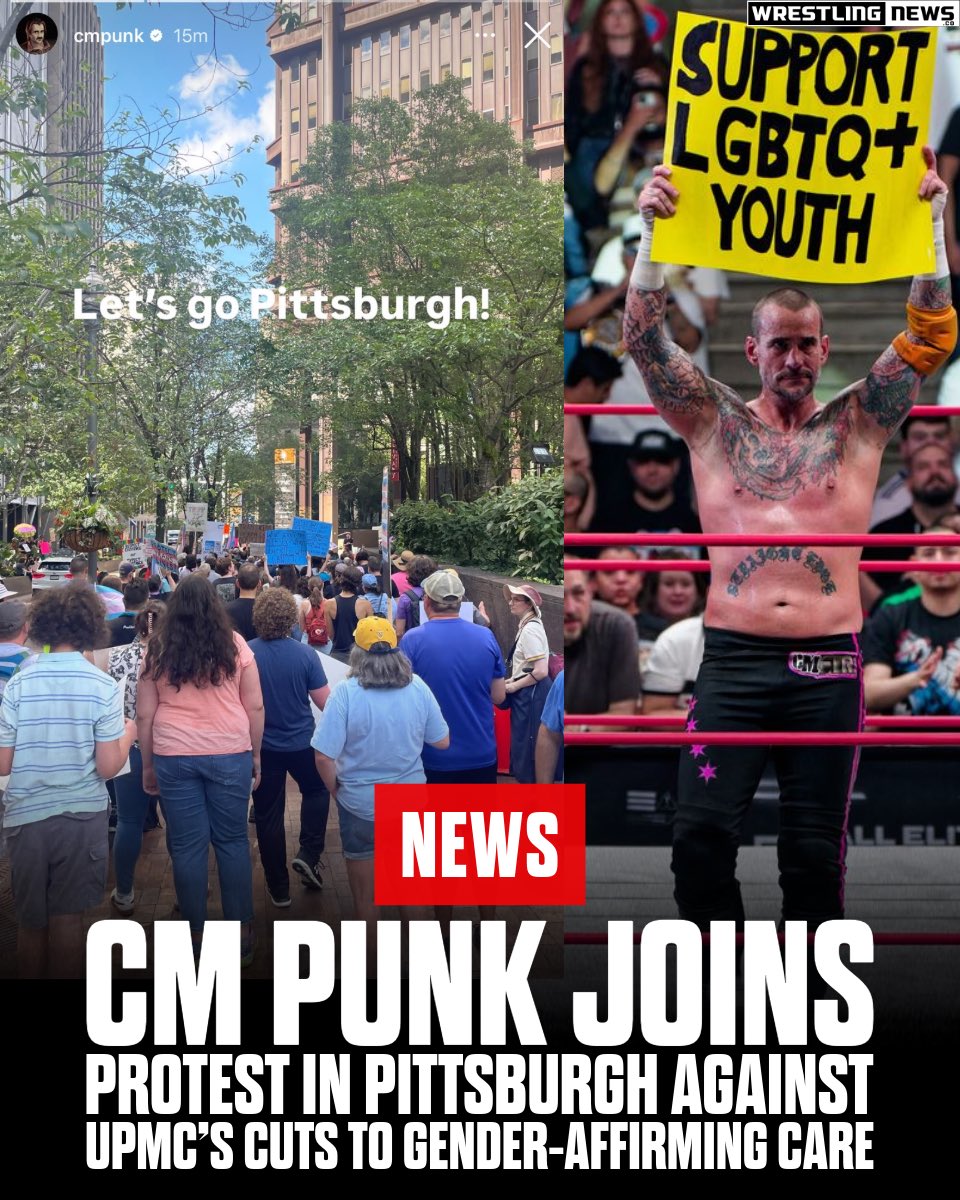 CM Punk noted on IG that he was in attendance for a protest in downtown Pittsburgh today against the University of Pittsburgh Medical Center (UPMC). The demonstration was organized in response to UPMC's scheduled cuts to gender-affirming care, which are set to go into effect on