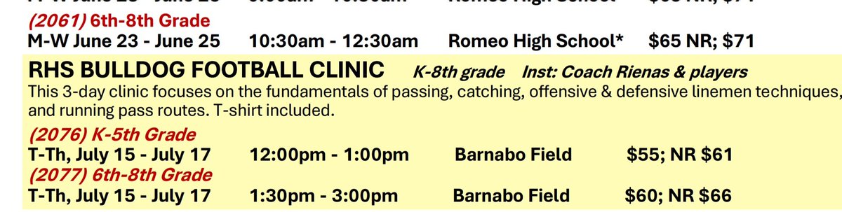 RomeoFootball (@romeofootball) on Twitter photo Please join us for our Bulldog Football Youth Camp for K-5 and 6-8 July 15-17!
<a href="/RomeoAthletics/">Romeo Bulldogs Athletics</a>
<a href="/RomeoHighSchool/">RomeoHighSchool</a>
<a href="/romeoschools/">Romeo Schools</a>
rwbparksrec.org Please join us for our Bulldog Football Youth Camp for K-5 and 6-8 July 15-17!
<a href="/RomeoAthletics/">Romeo Bulldogs Athletics</a>
<a href="/RomeoHighSchool/">RomeoHighSchool</a>
<a href="/romeoschools/">Romeo Schools</a>
rwbparksrec.org