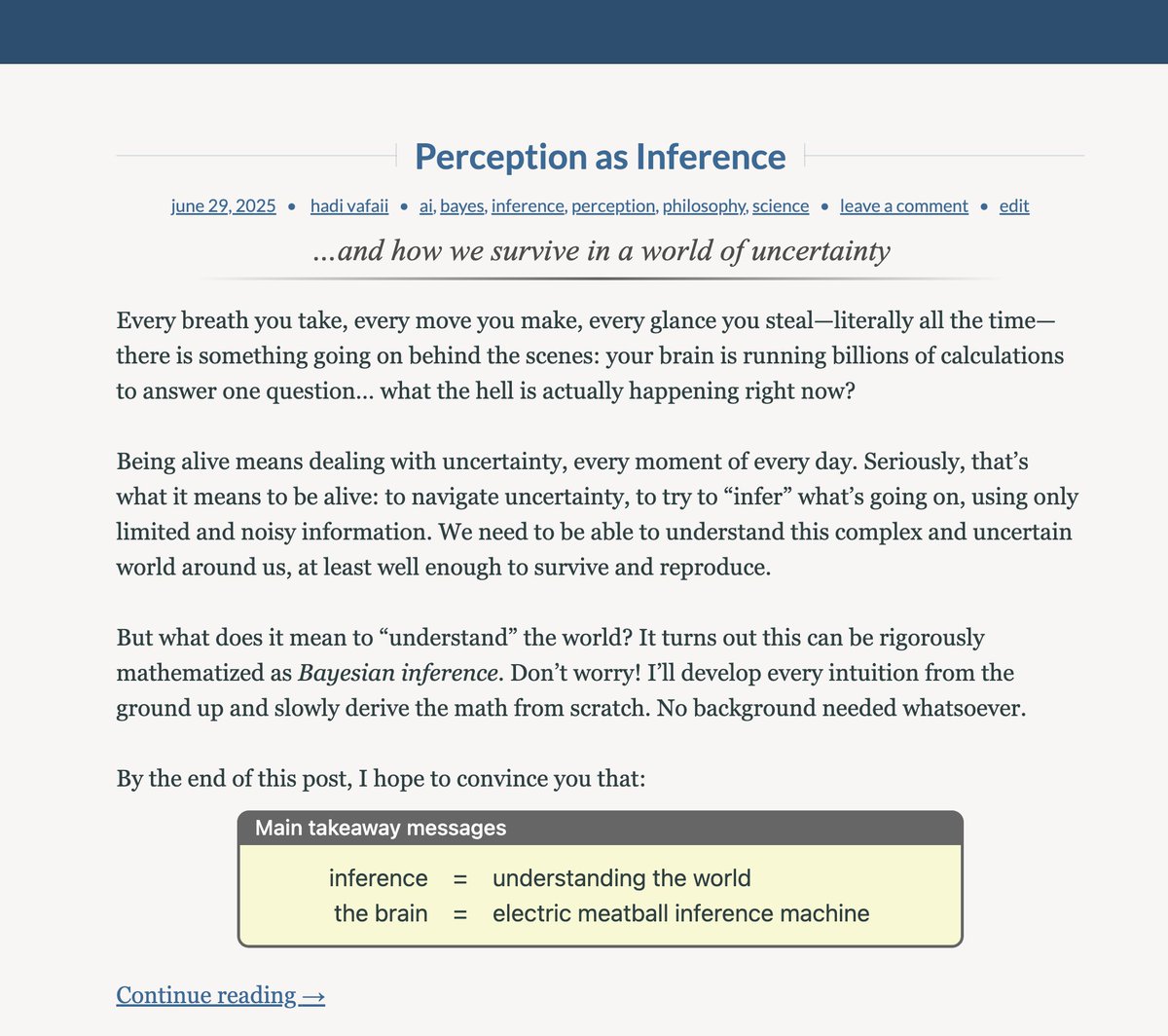 "Perception as Inference" is a century-old idea that has inspired all major theories in neuroscience 🧠 — including:

✅ Sparse Coding
✅ Predictive Coding
✅ Free Energy Principle
&amp; more!

In my new blog post, I build the intuition behind this idea from ground up 👉[1/6]🧵