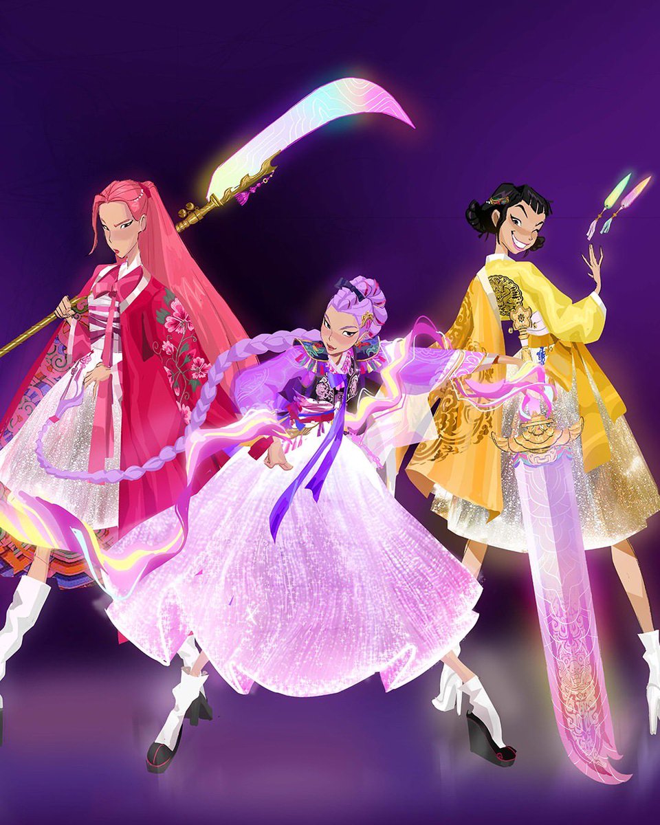 almanaquedisney's tweet photo. Em uma das primeiras versões de ‘Guerreiras do K-Pop’ (K-Pop: Demon Hunters), Rumi, Mira e Zoey teriam uma transformação e usariam roupas inspiradas em Hanboks.

Essa ideia acabou descartada da versão final do filme, que já está disponível na Netflix. https://t.co/AG1tA0LsPK