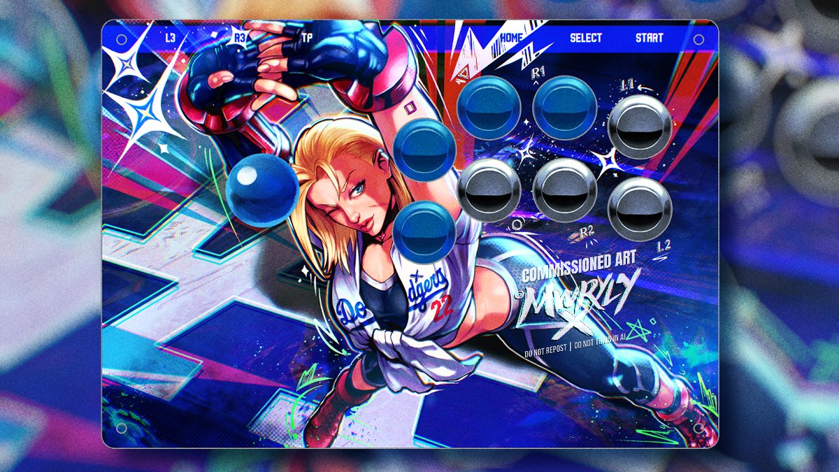 Here's an art I did last year for an AFS 12" Sega 2p build. SF6's Cammy in Dodgers jersey😁 It was also printed with holographic patterns from <a href="/focusattack/">Focus Attack LLC</a> so the details are popping out and shiny! 🤩

Thanks so much to (@)songcholhee for commissioning me 

#SF6_Cammy #fightstick