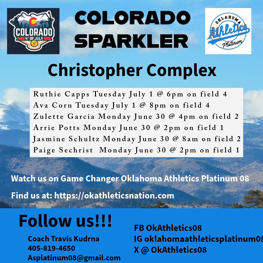 Oklahoma Athletics Platinum 08 (@okathletics08) on Twitter photo Showcase Games for girls representing <a href="/COSparkFire/">CO 4th of July</a> <a href="/OKAthleticsAcad/">Oklahoma Athletics Softball</a>
Come out and watch these girls compete <a href="/cappsruthie2026/">Ruthie Capps</a> <a href="/PaigeSechrist14/">Paige Sechrist</a> <a href="/sch31756/">Jasmine Schultz</a> <a href="/Ava_corn/">Ava</a> <a href="/zulette_garcia/">Zulette Garcia</a> <a href="/ArriePotts/">Arrie Potts</a> Showcase Games for girls representing <a href="/COSparkFire/">CO 4th of July</a> <a href="/OKAthleticsAcad/">Oklahoma Athletics Softball</a>
Come out and watch these girls compete <a href="/cappsruthie2026/">Ruthie Capps</a> <a href="/PaigeSechrist14/">Paige Sechrist</a> <a href="/sch31756/">Jasmine Schultz</a> <a href="/Ava_corn/">Ava</a> <a href="/zulette_garcia/">Zulette Garcia</a> <a href="/ArriePotts/">Arrie Potts</a>