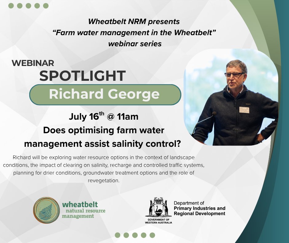 Farm Water Management in the Wheatbelt 🌿
This mini webinar series, hosted by <a href="/Wheatbeltnrm/">Wheatbelt NRM</a> highlights our #WaterSmartDams and the WaterSmart Farms projects.

Sessions will be running online on July 15th &amp; 16th.

A great opportunity to find out the latest!
wheatbeltnrm.org.au/news/farmwater…