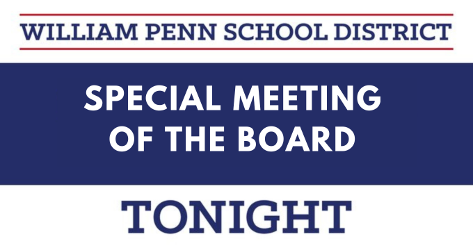 Join us for a Special Meeting of the Board tonight.

Monday, June 30, 2025 at 6:30 p.m. in-person and via zoom.

Please find meeting info, agenda, and the Zoom link here: williampennsd.org/.../board-info…

Zoom info can also be found under "Upcoming Events" here: williampennsd.org