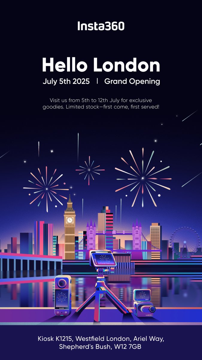 Hello London! 👋 Our first Insta360 store in the UK opens July 5th at Westfield. Be there. Experience what's next 🔥