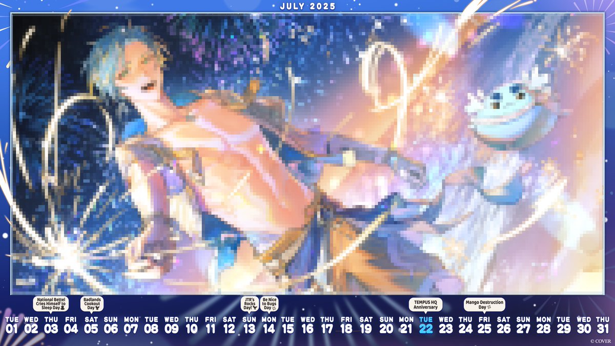 🎆Happy July from HOLOSTARS English! 🎆
A fine night for fireworks, no?✨
Download the HSE Calendar here! (Wallpaper versions also included) (tinyurl.com/3y4ewhm4)

This month’s illustration is by <a href="/minipuffins/">🌸minipuff lll 사쿠라🌟 comms: see pinned</a> !