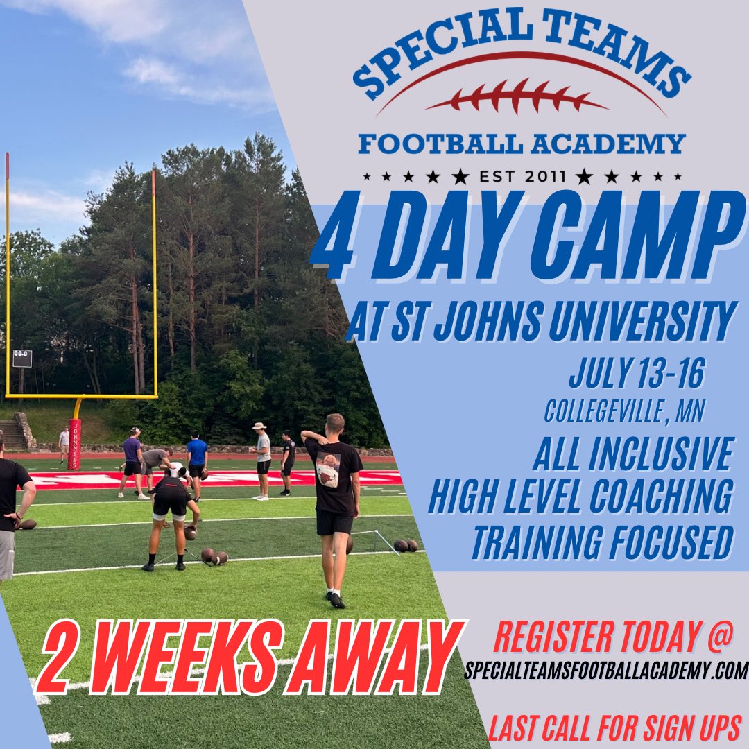 8th Annual All-Inclusive 4 Day Specialist overnight camp on July 13-16. 

Save the date and your spot!  It’s the most fun camp we run!

Training focused! All inclusive.

St John’s University (MN)- July 13-16!
🏈 HS (8-12th) &amp; College - K/P/LS
🏈 Professional Specialist Coaches
🏈