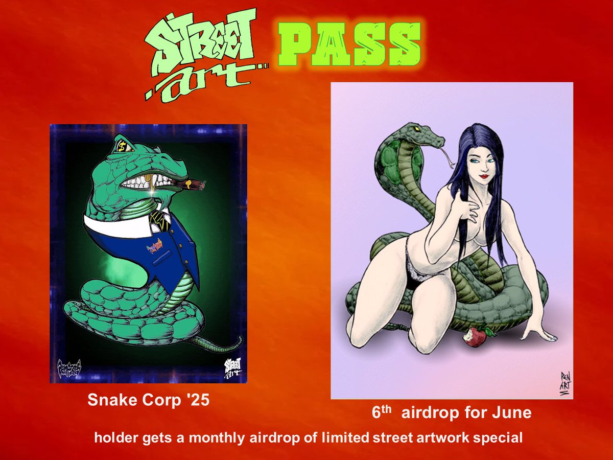 Good Day #WaxFam
Snake Corp '25  holder
5th airdrop for June 
'Seduction 101'
distribution July 2nd Wednesday 

holder gets a monthly airdrop of limited artwork special  

get the pass Limited 50 mints, 20 pcs left for the next airdrop
neftyblocks.com/collection/pen…
