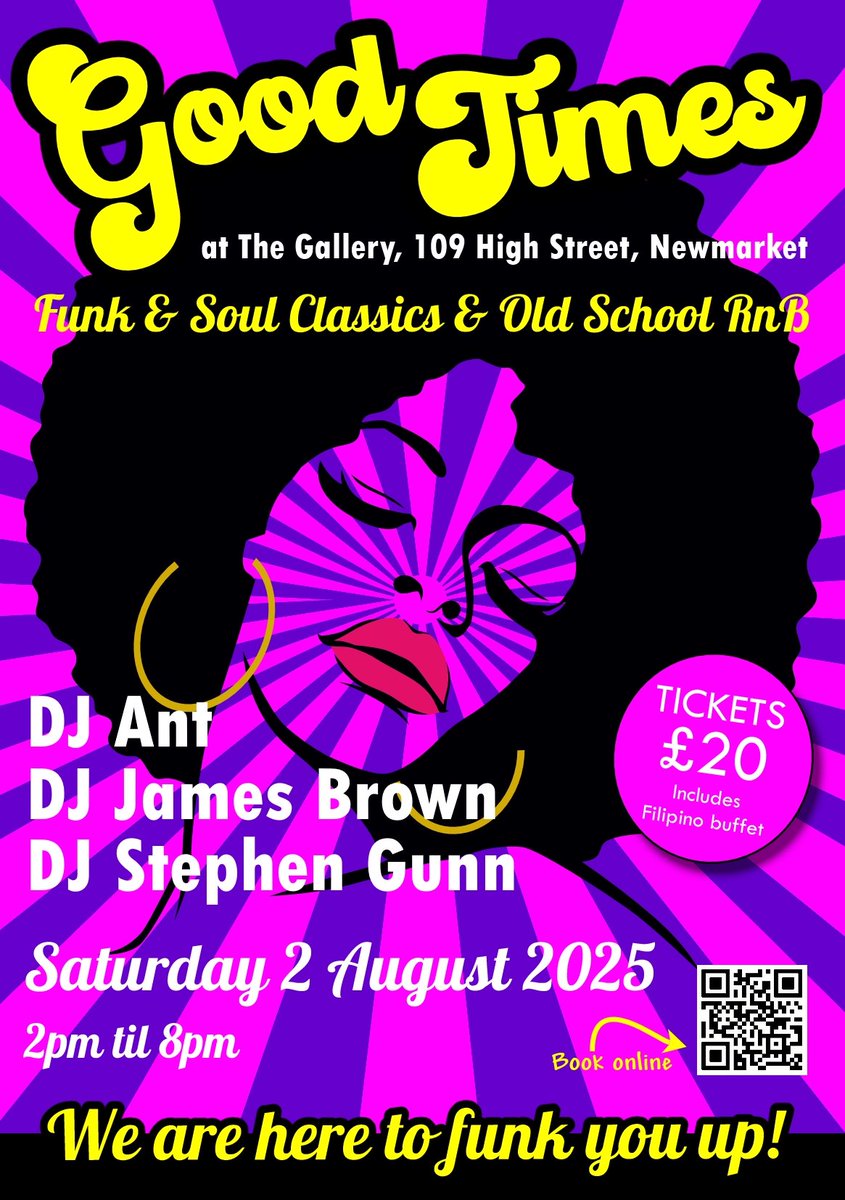 antplays2morrow's tweet photo. Come out of the 2nd August and hear some good funk and r&amp;b. 
Tickets are £20 includes entrance and Filipino buffet. Scan QR code to book tickets. https://t.co/3ZUJHF8tNj
