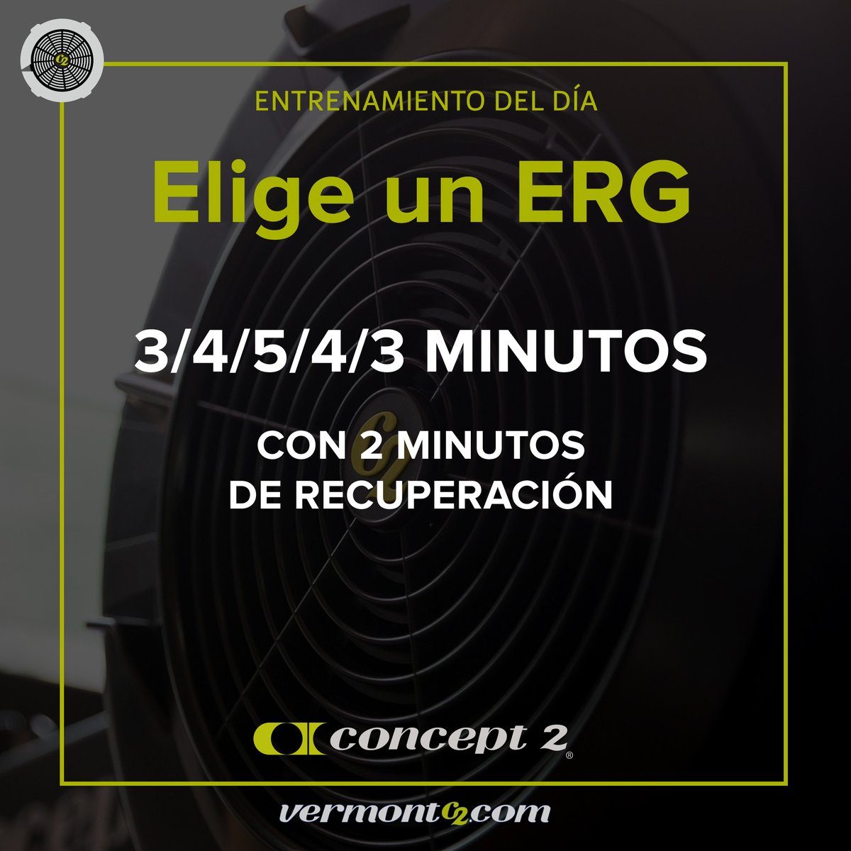 Concept2Espana's tweet image. Workout of the Day (WOD) de Concept2: pirámide de 3/4/5/4/3 minutos, con 2min de recuperación entre cada intervalo. Puedes cargar este WOD directamente en tu Monitor de Rendimiento PM5 a través de la app ErgData.
#EntrenamientoDelDía #VermontC2 #Concept2España
#ErgData #WOD