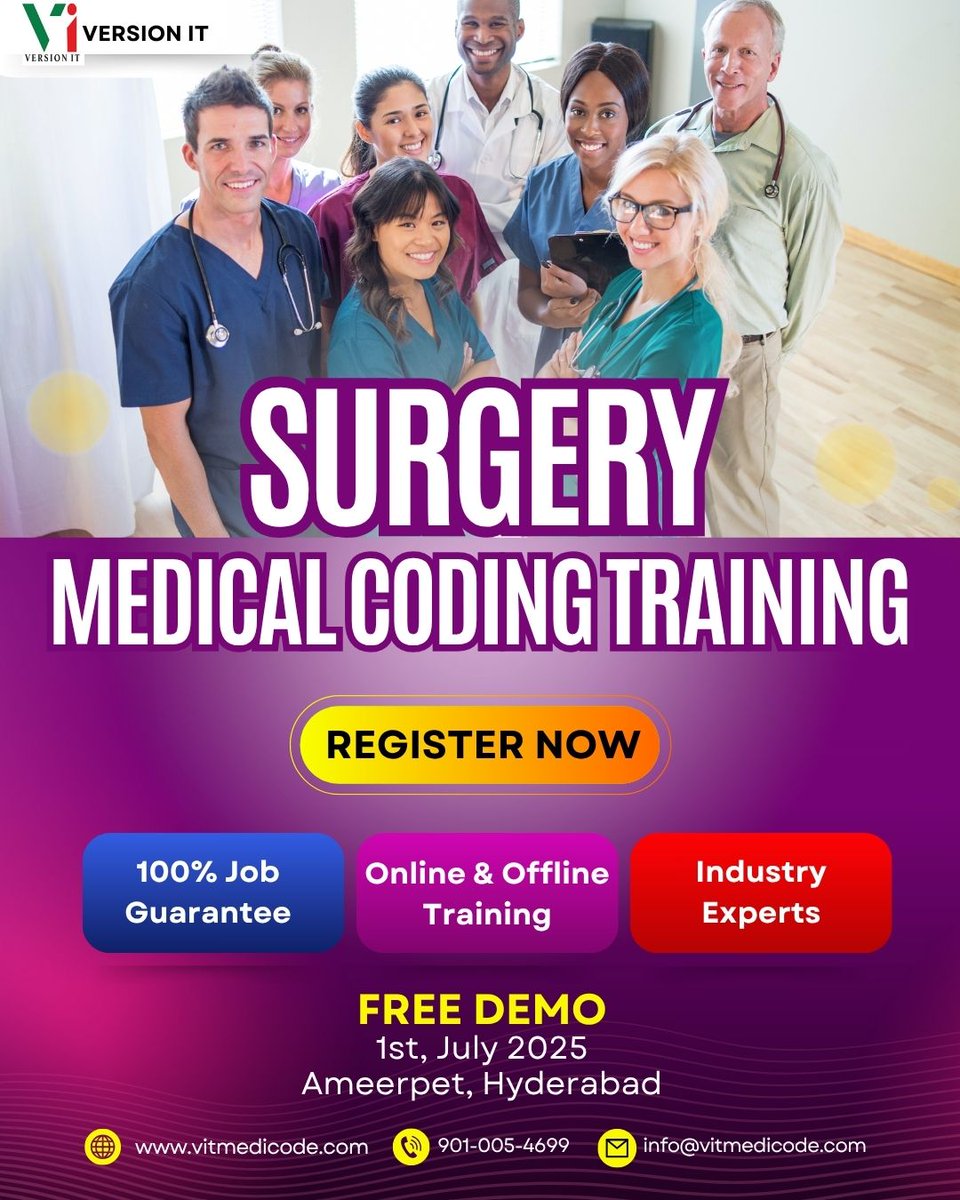 vit_medicode's tweet image. 🎯 Ready to Specialize in Surgery Medical Coding?

Unlock the secrets of surgical CPT coding with our expert-led Surgery Medical Coding Training! 🏥💻 

🎯Free Demo Session
📅 Date: July 1, 2025
🕥 Time: 11:30 AM
📞 Call: +91 9010054699
📍 Location: Ameerpet, Hyderabad

#Surgery