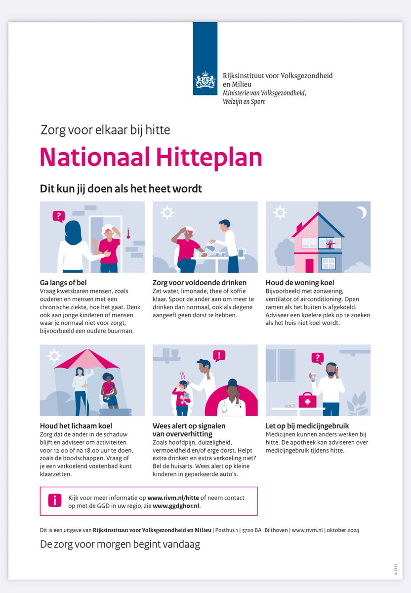 Het <a href="/rivm/">RIVM</a> heeft voor vandaag het nationale hitteplan geactiveerd voor het hele land. Hitteplan, een waarschuwingssysteem, is bedoeld om voorzorgsmaatregelen tijdig onder de aandacht te brengen t.b.v. aandacht en zorg voor kwetsbare groepen rivm.nl/hitte/nationaa… #hitte #zorg