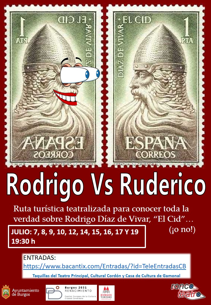 Burgos Turismo (@turismobur) on Twitter photo Un año más, colaboramos con RONCO TEATRO en la divertidísima ruta teatralizada sobre la historia y la leyenda del Cid, "Rodrigo Vs Ruderico".  ⚔️🛡️🎭
Ya se pueden comprar las entradas aquí  📍
bacantix.com/Entradas/WebFo… Un año más, colaboramos con RONCO TEATRO en la divertidísima ruta teatralizada sobre la historia y la leyenda del Cid, "Rodrigo Vs Ruderico".  ⚔️🛡️🎭
Ya se pueden comprar las entradas aquí  📍
bacantix.com/Entradas/WebFo…