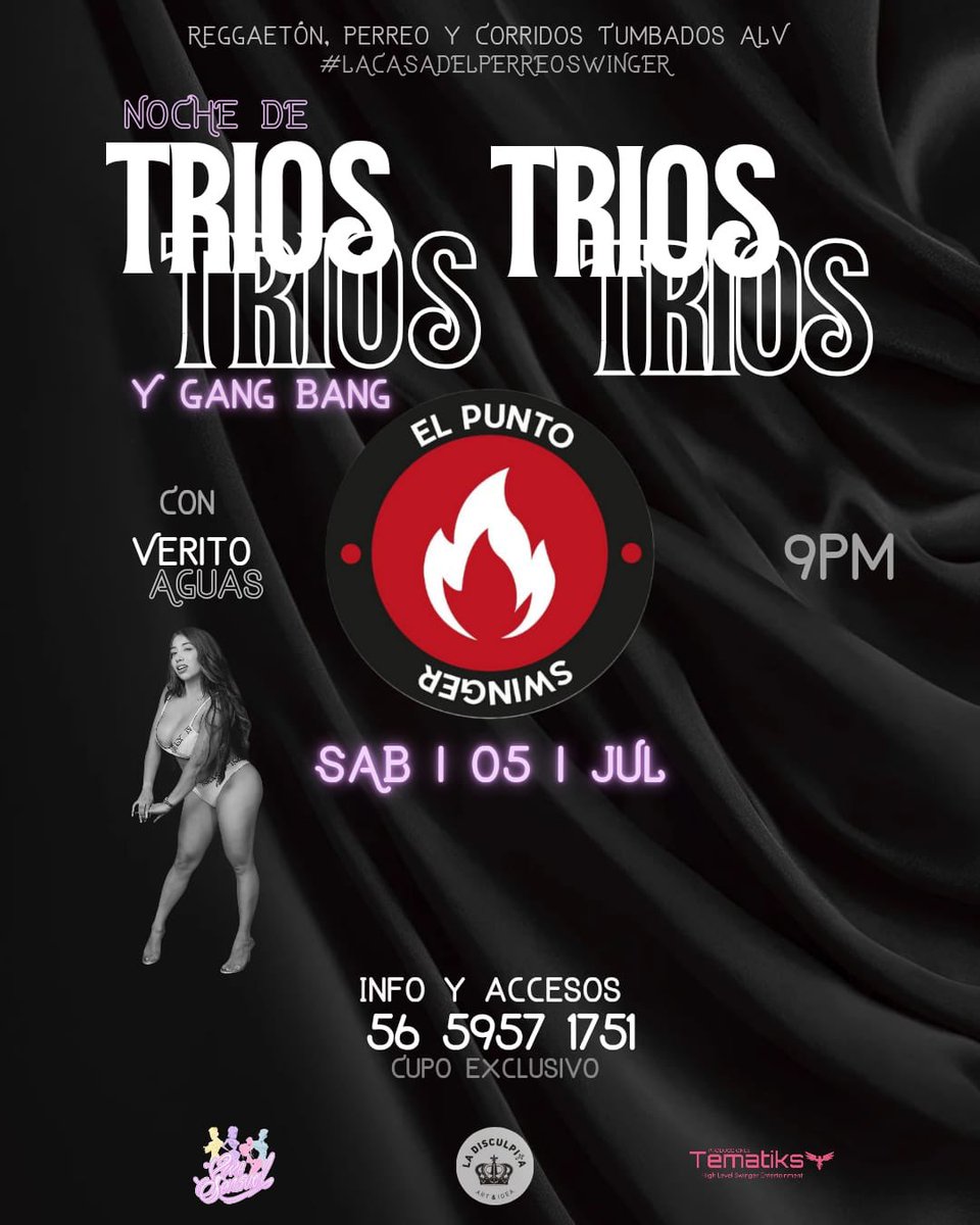 Elpunto_sw's tweet photo. 🌌🌛NOCHE DE #TRÍOS Y #GANGBAN
ESTE SABADO 05 DE JULIO… VEN Y DISFRUTA DE UNA NOCHE EXCLUSIVA PARA #PAREJAS QUE GUSTAN DE LOS #TRIOS 👫
#After 🥳 con @veritoaguass & sus invitad@s ven y tómate muchas fotos!
📍#ladisculpita @tematiksoficial @ViveSensual #joelozada https://t.co/lw5U6eVigb