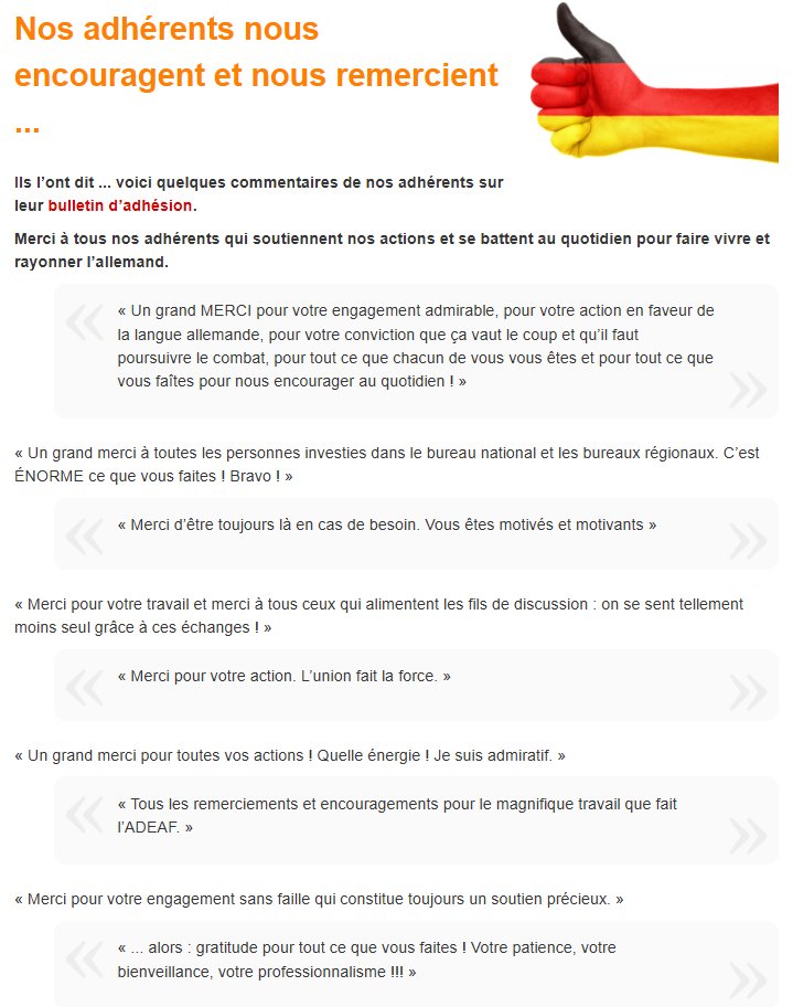 adeaf.net/Nos-adherents-… 🤩
C'est ensemble que nous pourrons agir pour que l'allemand ne devienne pas une langue rare dans le paysage scolaire français.
 #AllemandEnFrance #ApprendreLAllemand #DiversitéLinguistique #LangueAllemande #AllemandPariGagnant