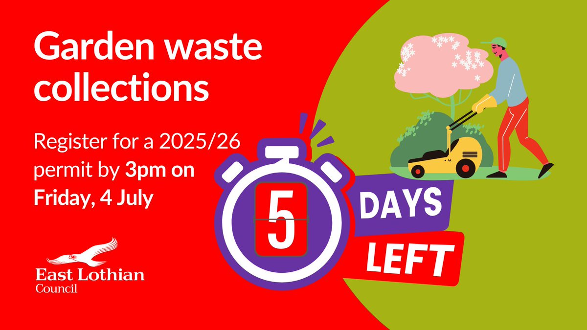 Only five days remain to register for a 25/26 garden waste collection permit costing £35 with no second sign-up window available. The deadline is 3pm on Friday, 4 July. Applications can be made using a myeastlothian account on our website. More info: eastlothian.gov.uk/news/article/1….