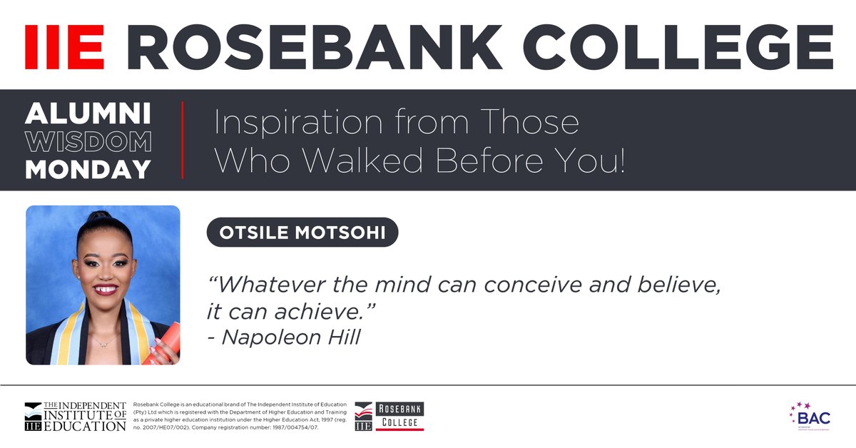 Wisdom Monday | Alumna Otsile Motsohi shares an inspiring quote by Napoleon Hill that reminds us of the incredible power of the mind: “Whatever the mind can conceive and believe, it can achieve.”

As you begin this new week, believe in yourself and your ability to turn your