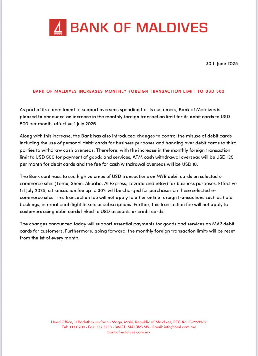 ބޭންކް އޮފް މޯލްޑިވްސް ފިޔަވައި ދުނިޔޭގެ އެއްވެސް ބޭންކަކުން އީކޮމާސް ވެބްސައިޓްތަކަށް ވަކި ހާއްސަ ރޭޓެއް ޗާރޖެއް ނުކުރޭ. އަދި މިއީ ޤާނޫނީ ގޮތުން ކުރެވިދާނެ ކަމެއްކަމަށްވެސް ނުފެނޭ. 

މީ މުދަލުން ޑިއުޓީ ނެގުން. މުދަލުން ޑިއުޓީ ނެގޭނީ ރައްޔިތުންގެ މަޖިލީހުން ގާނޫނު ފާސް ކޮށްގެން.