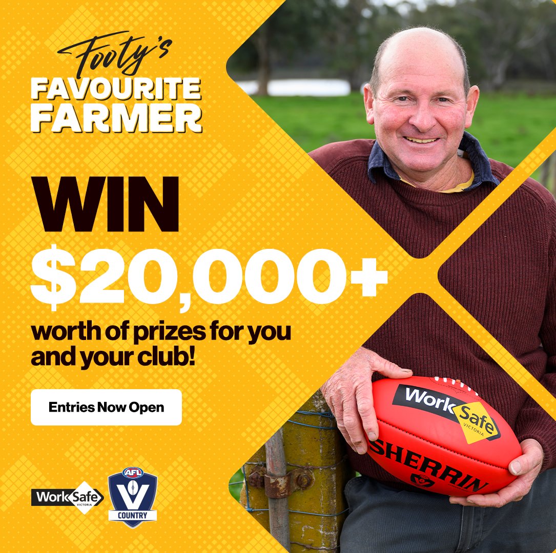 WorkSafe Victoria (@worksafe_vic) on Twitter photo Do you know a Victorian farmer who backs their local footy and netball club like no other?
In collaboration with <a href="/aflvic/">AFL Victoria</a> and <a href="/netballvic/">Netball Victoria</a>, we’re on the hunt for the 2025 Footy’s Favourite Farmer.
🌾🏉 Nominate someone from your local club at footysfavouritefarmer.com.au Do you know a Victorian farmer who backs their local footy and netball club like no other?
In collaboration with <a href="/aflvic/">AFL Victoria</a> and <a href="/netballvic/">Netball Victoria</a>, we’re on the hunt for the 2025 Footy’s Favourite Farmer.
🌾🏉 Nominate someone from your local club at footysfavouritefarmer.com.au