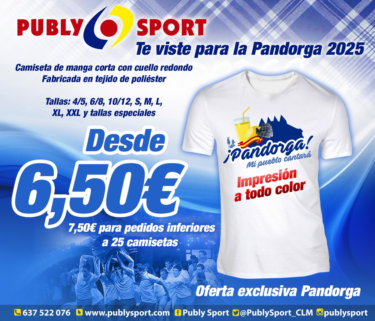 💙 𝗣𝘂𝗯𝗹𝘆 𝗦𝗽𝗼𝗿𝘁 𝘁𝗲 𝘃𝗶𝘀𝘁𝗲 𝗽𝗮𝗿𝗮 𝗹𝗮 𝗣𝗮𝗻𝗱𝗼𝗿𝗴𝗮 𝟮𝟬𝟮𝟱
🩵 Camisetas totalmente personalizadas desde 6, 50€ 
💛 Fabricadas en tejido de poliéster 
🩵 Impresión a todo color 
💙 Disponibles en todas las tallas (desde niño hasta tallas especiales)