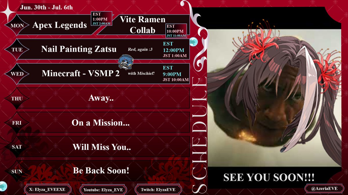 ---🥀Schedule for this week⛓️---
〖STREAMS〗
Youtube: youtube.com/@Elyza_EVE
Twitch: twitch.tv/elyzaeve
〖TAGS〗
General: #ElyzaEVE  Live: #Elyzaisliva
Art: #Elyzart  Memes: #Keklyza
Very NSFW: #Steplyza  Group: #EVEEXE