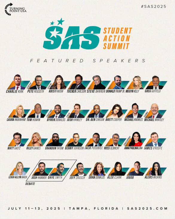 🔥 Student Action Summit (SAS) is almost here! 🇺🇸
July 11–13 in Tampa, FL – thousands of students, top conservative speakers, and the energy of a movement that’s just getting started.

Don’t miss it, get your ticket here: sas2025.com
 #SAS2025 #TurningPointUSA