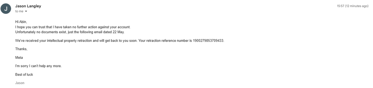 IAmMrMorbid's tweet photo. Mr. Andy M Stone

@andymstone 

On June 21, Meta suspended my account citing that I have copyright notice against it. The strike was withdrawn way before the account was taken down, and I reached out so many times! Refer to the screenshots.

Retraction number: 1900279853709433 https://t.co/m2Iwr01WUC