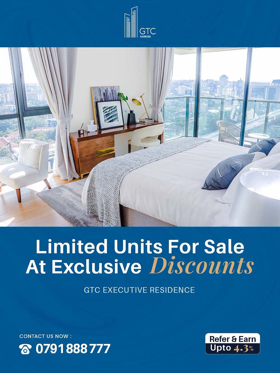 GTCKenya1's tweet image. Experience the quiet luxury of Nairobi urban living at its finest in GTC Executive Residence.
Whether it’s a quiet morning above the skyline or a peaceful evening retreat, every day here is an investment in comfort, prestige, and lifestyle.

📞 Contact us today: 0791 888 777
