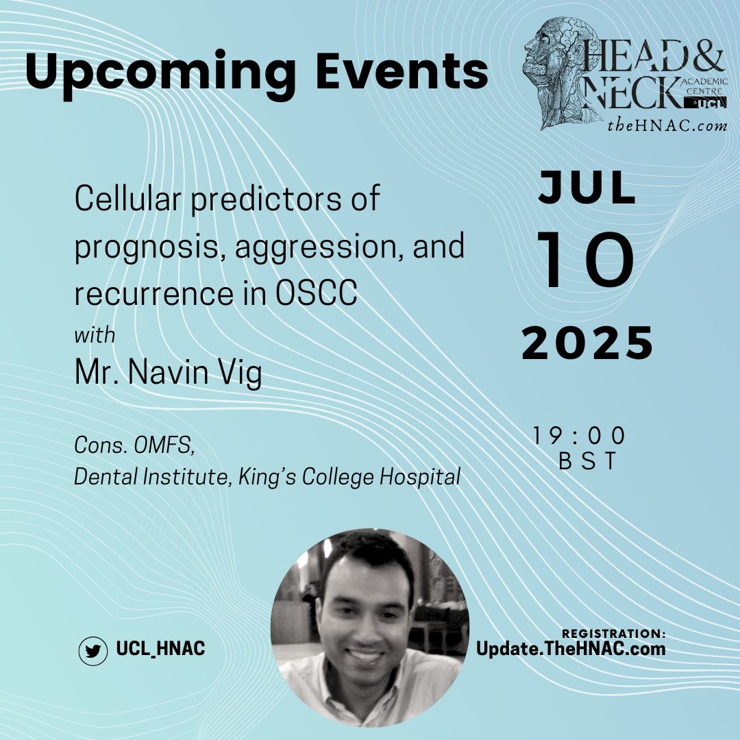UCL_HNAC's tweet image. Our last lecture before the summer break
Join Navin Vig, currently at @KingsCollegeNHS @KingsOMFS inc. live Q&A with @ClareSchilling
Free Registration: Update.TheHNAC.com
#MedTwitter #OMFS
