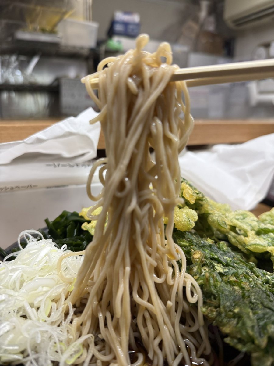 GntvU's tweet photo. 葛西のめんやさんで緑一色（春菊と明日葉、ワカメ）を冷やしで。相変わらずの震える美味さ！ https://t.co/1k0b5yFNpF