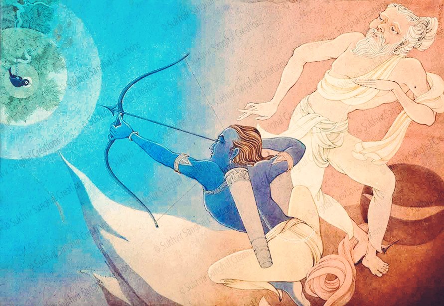 Fearless + Focus = Target hit 🎯

Brilliant painting by Sukhvir Sanghal depicting Arjuna focussing on the goal (Bird's eye) without getting distracted. 🏹