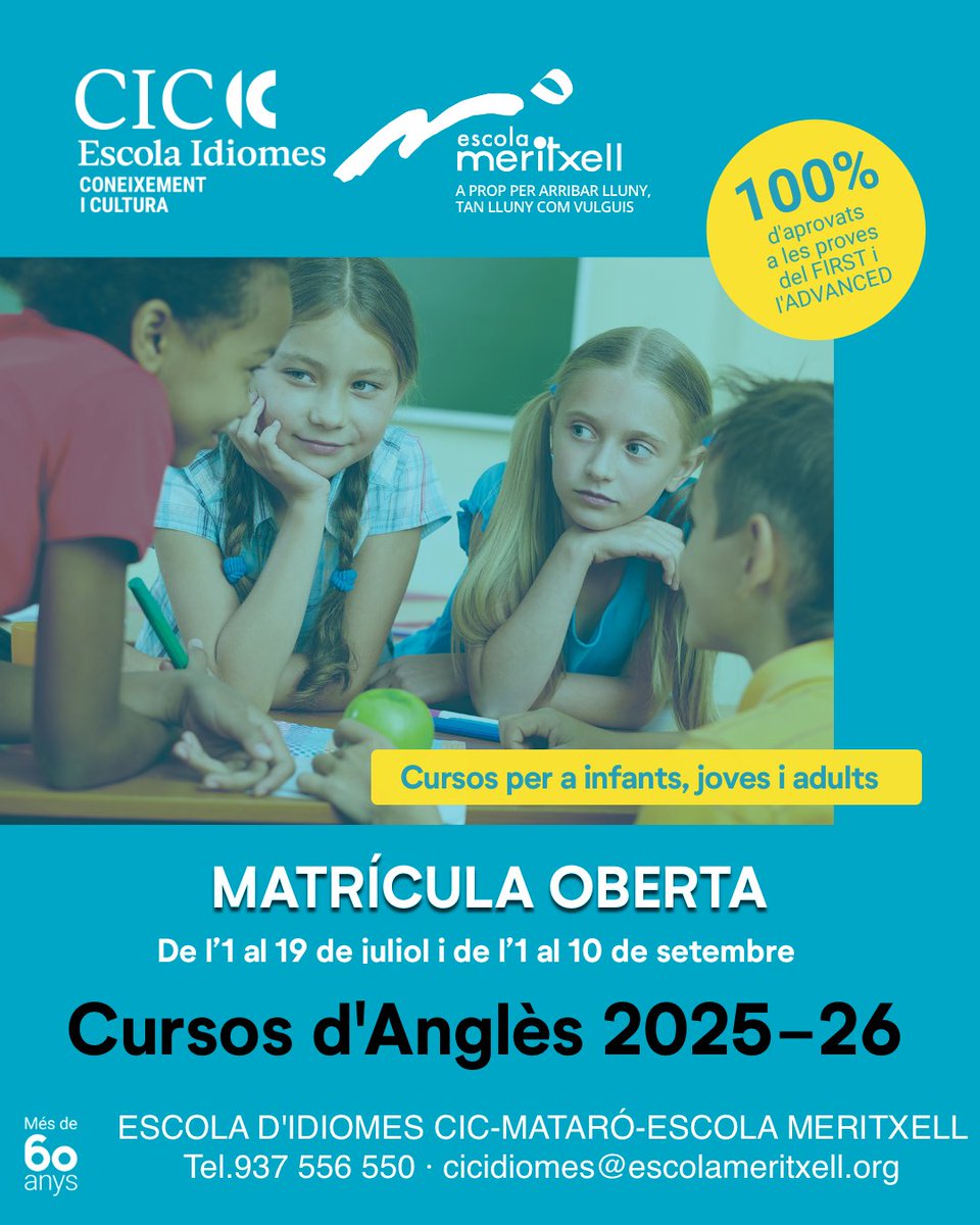 🌍 Vols que els teus fills aprenguin anglès de veritat? Apunta'ls als cursos d'anglès del CIC Idiomes - Escola Meritxell 
Matrícula oberta pel curs 2025-26.
No et quedis sense plaça!
#EscolaMeritxell #CICIdiomes