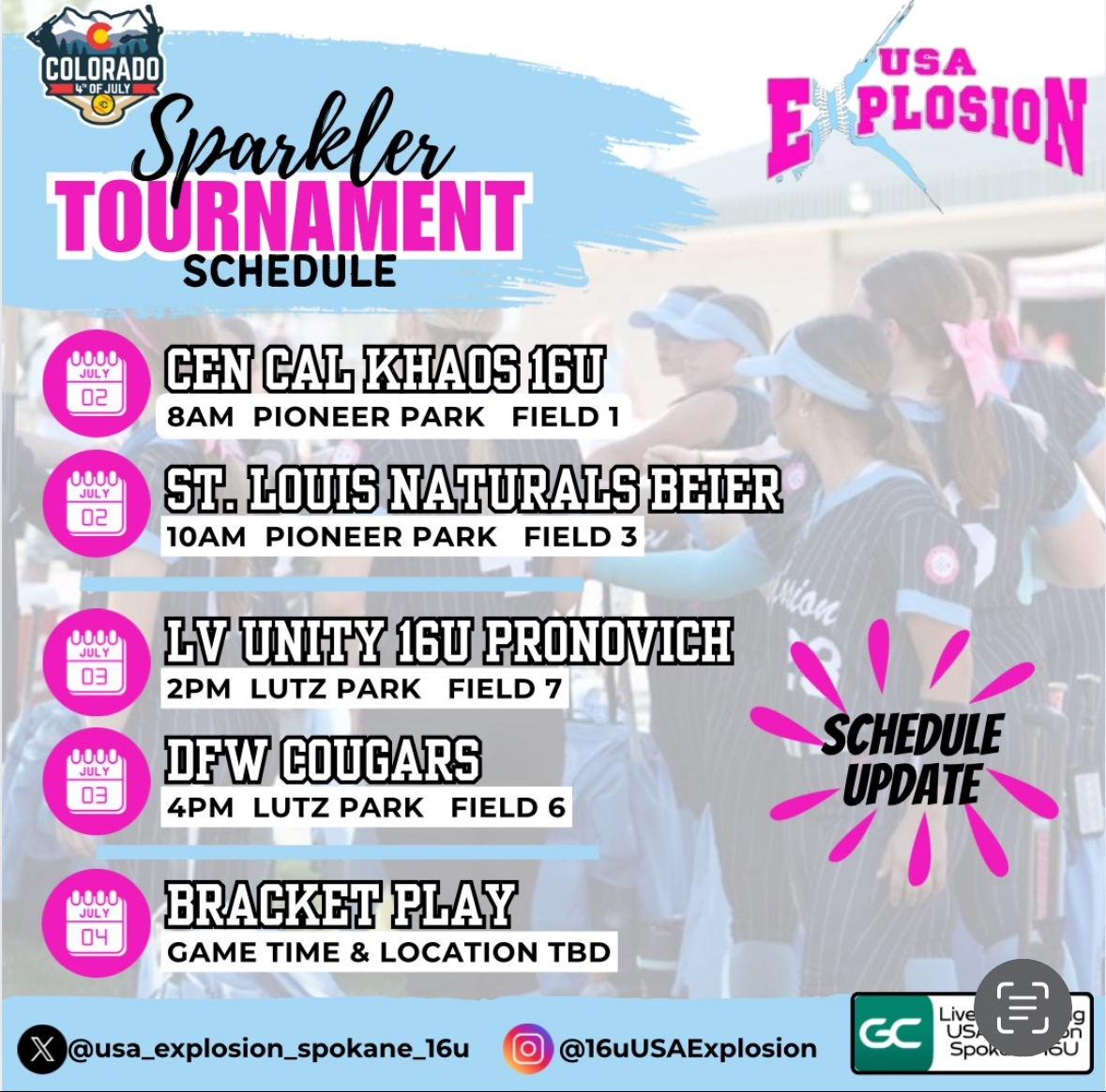 Come watch USA Explosion 16U Spokane in action at the Colorado Sparkler Tournament!

📍 12100 W 82nd Ave, Arvada, CO
🕑 July 2 | 8:00 AM | Field #1

This team brings speed, power, elite softball IQ, and next-level coachability. Fierce, focused, and ready to compete!