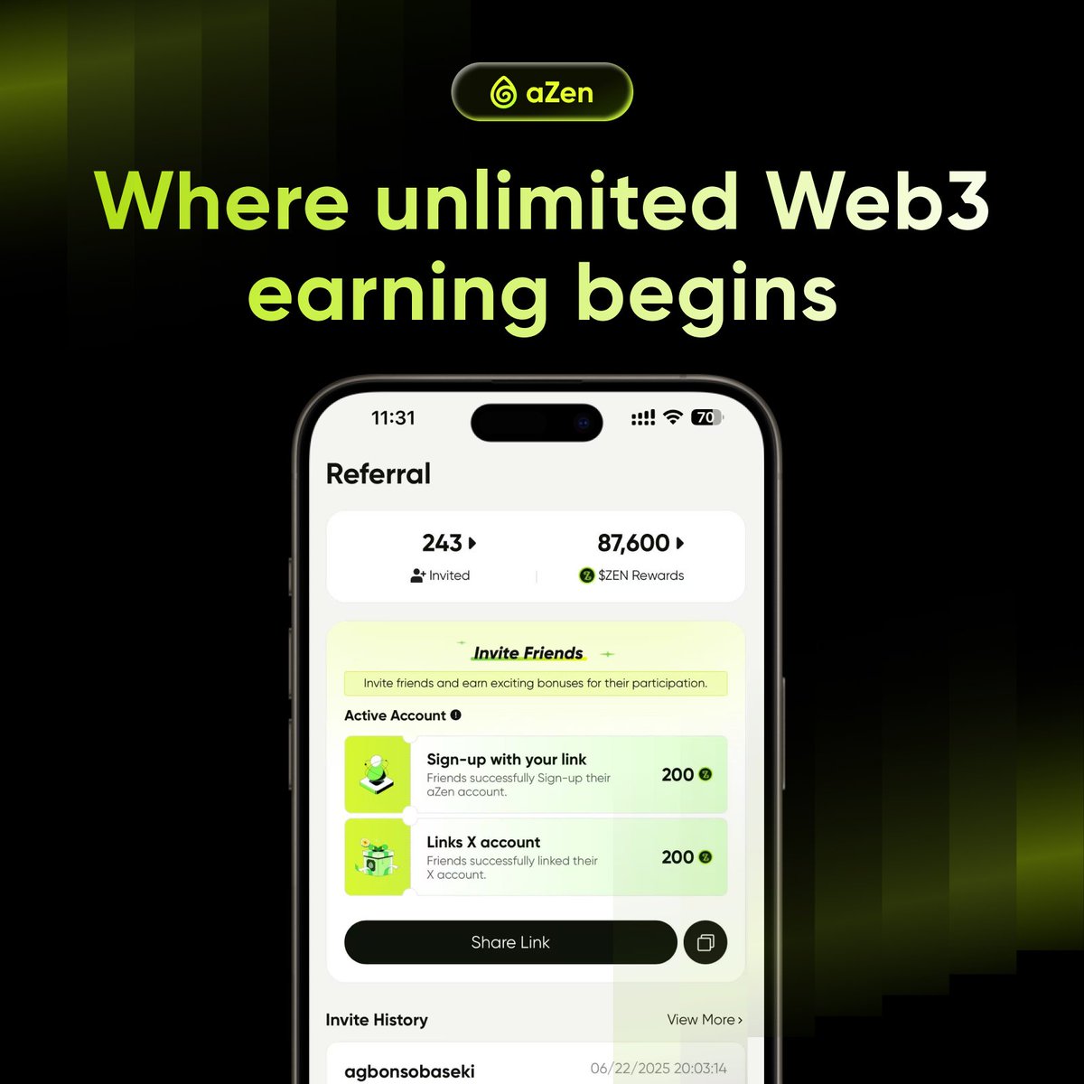 Invite, earn, repeat. 🔁

Start building your crew 👥
👉 azenprotocol.io/s/?key=JFIJAJ&…

#aZen #ZENi #Referral #Web3