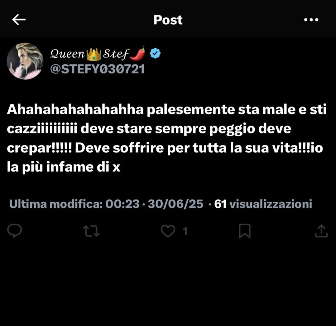 Sei così piena d'odio e hai una talmente vuota al punto di augurare il male ad un ragazzo che fondamentalmente nemmeno conosci ? Io avrei paura ad averti come mamma,sorella,amica,conoscente....CURATI che ne hai bisogno e al contempo VERGOGNATI
