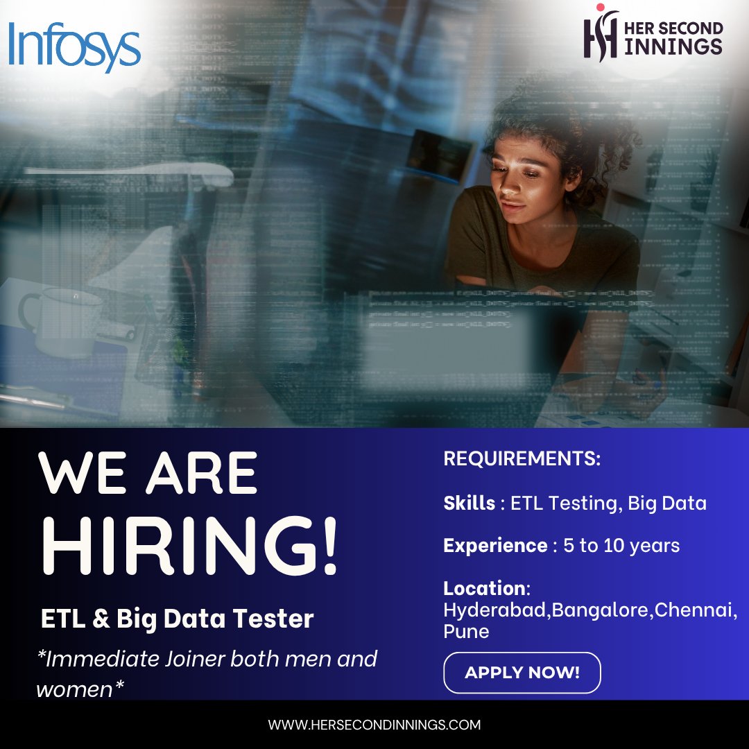 her2nd_innings's tweet image. 🚀 We Are Hiring: ETL &amp;amp; Big Data Tester

📢 Apply today:hersecondinnings.com/careers/?job_i…

#ETLTesting #BigDataJobs #HiringNow #DataTester #TechJobs