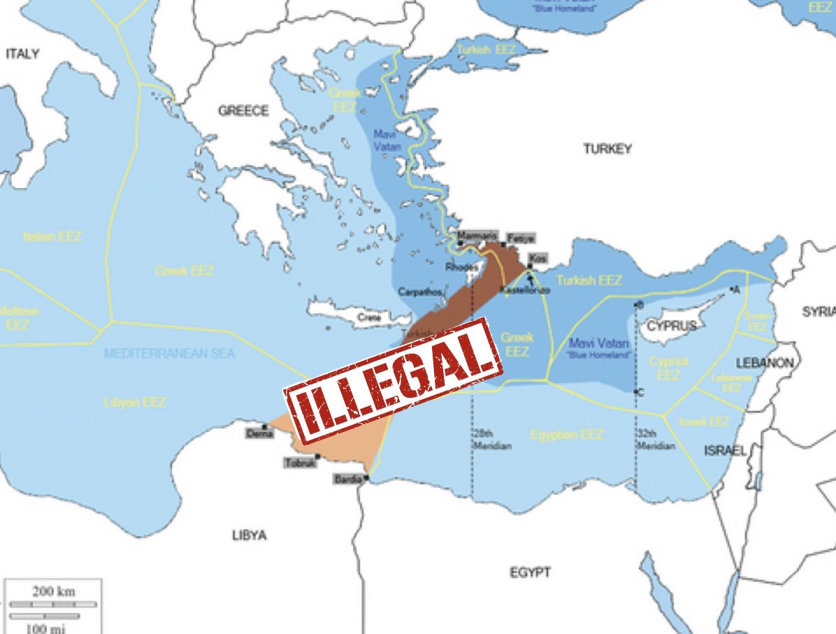 🔴 Turkey and Libya do not share a direct maritime border in the Mediterranean Sea, as they are separated by a significant distance and the maritime zones of Greece, Egypt and Cyprus.

🔴 The Turkey-Libya Maritime Memorandum  is infringing upon the sovereign rights of 3rd States,